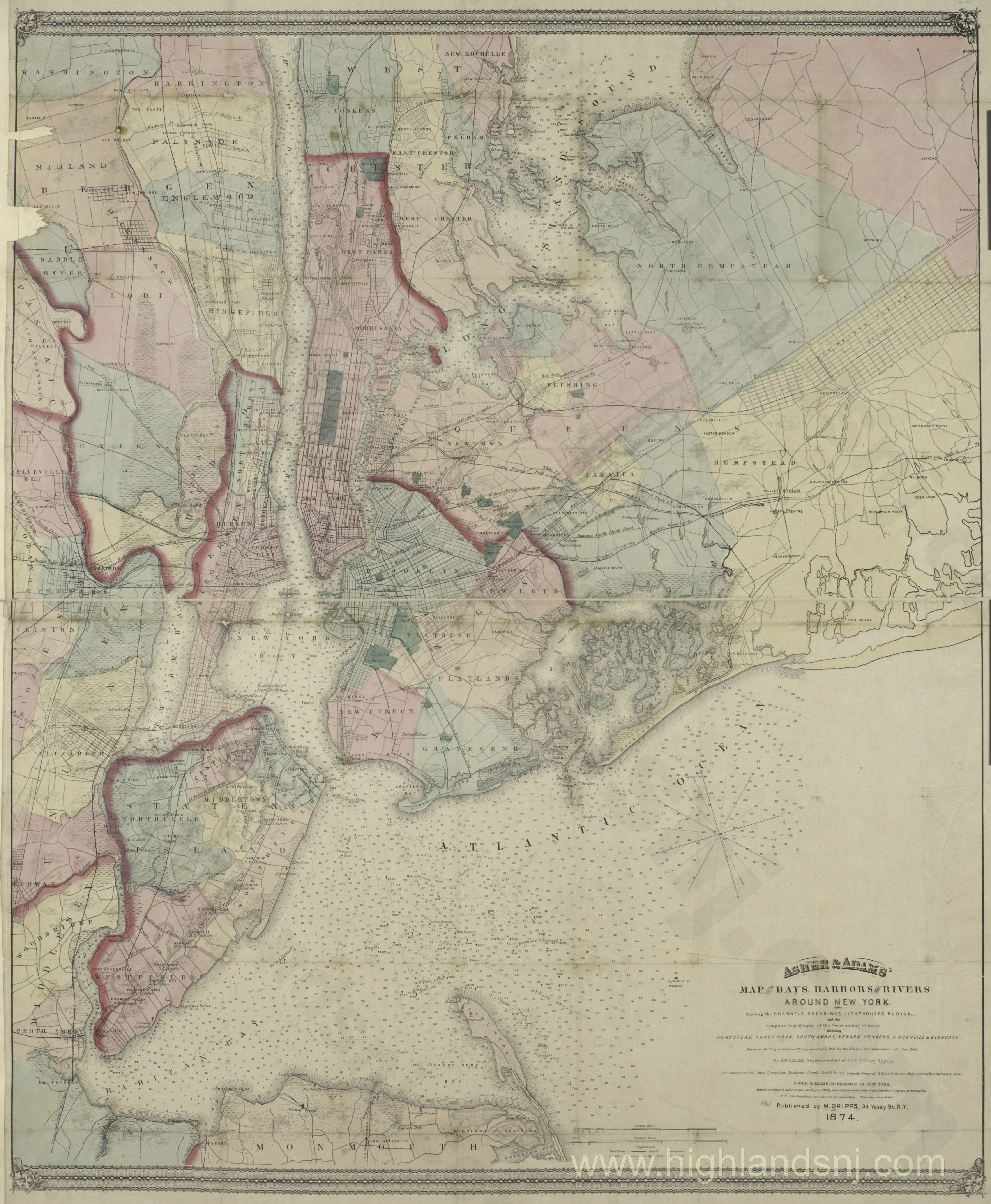1874 Map of the bays harbors and rivers around New York